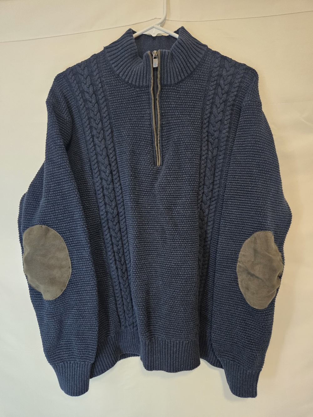 Raffi Navy Blue Half-Zip Cable Knit Sweater Suede Elbow Patches Business Casual